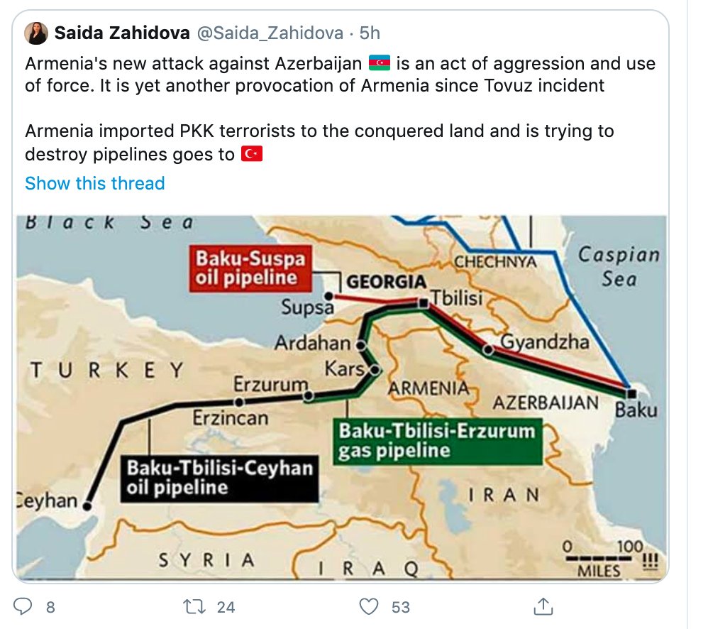 It's hard to keep up with the social media rapidly changing narrative, but you'll see that what began as claims Armenia "attacked" and "imported PKK" is linked to justification for the next phase. No evidence of Armenia "attack" or "PKK" though. But by day two it won't matter.