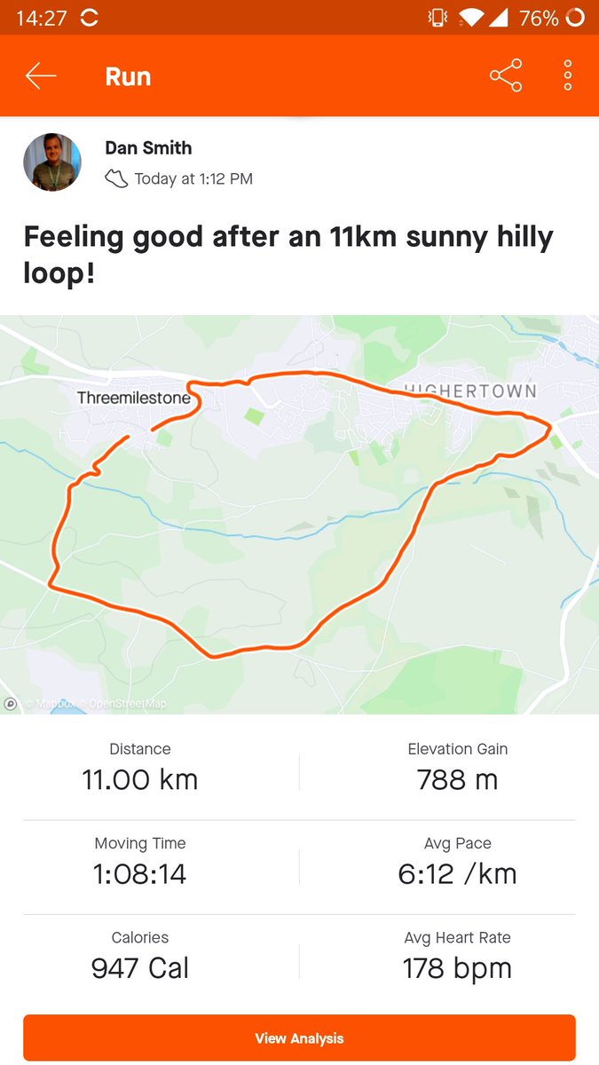 D13_Smith's tweet photo. Nothing beats a good run on a sunny Sunday to start to week! Highly advise it even if you start by walking longer routes! Always great to analyse all my runs with @GarminUK and @Strava #winning #running #strava #garmin #Cornwall #SundayMotivation you can tell where the hills are! https://t.co/iEHUdui2K5