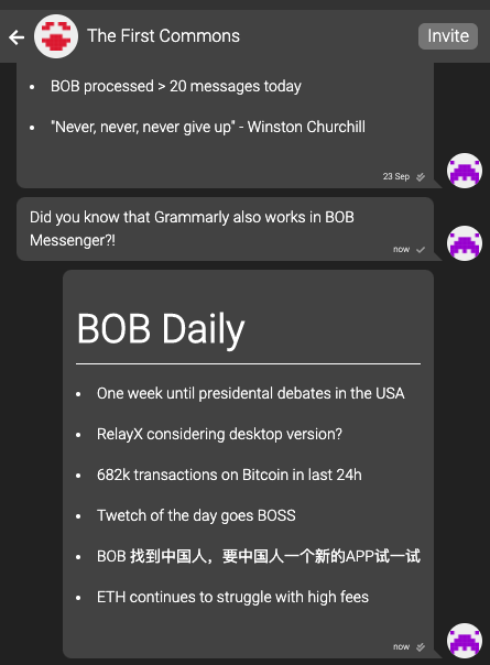 VJRiddell's tweet photo. These texts have all been stored in a non-encrypted way on the Bitcoin blockchain
How much did it cost to use the chain? Heck, we don't know it was a fraction of a penny
BOB Messenger will soon be allowing people to give the APP a bash #BSV
#W39,7 #BOB https://t.co/w2MSrPMoU0 https://t.co/paXJZuU8Ej