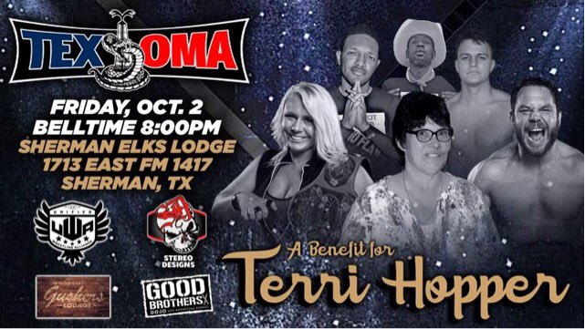 TheOffshoots's tweet photo. This Friday night at the Sherman Elks Lodge, Texoma Pro Wrestling returns as we pay tribute to @thop1230.  Tickets are $10, let’s get loud! @nigelrabid  @JDGriffey @apoc90 @TheYoungGun_CH @KyoteJoe @IAmMrAllday #Texomapro #Goodbrothers #uwa #Jusherslounge #wrestling #indie #Texas https://t.co/dRUERymIAp