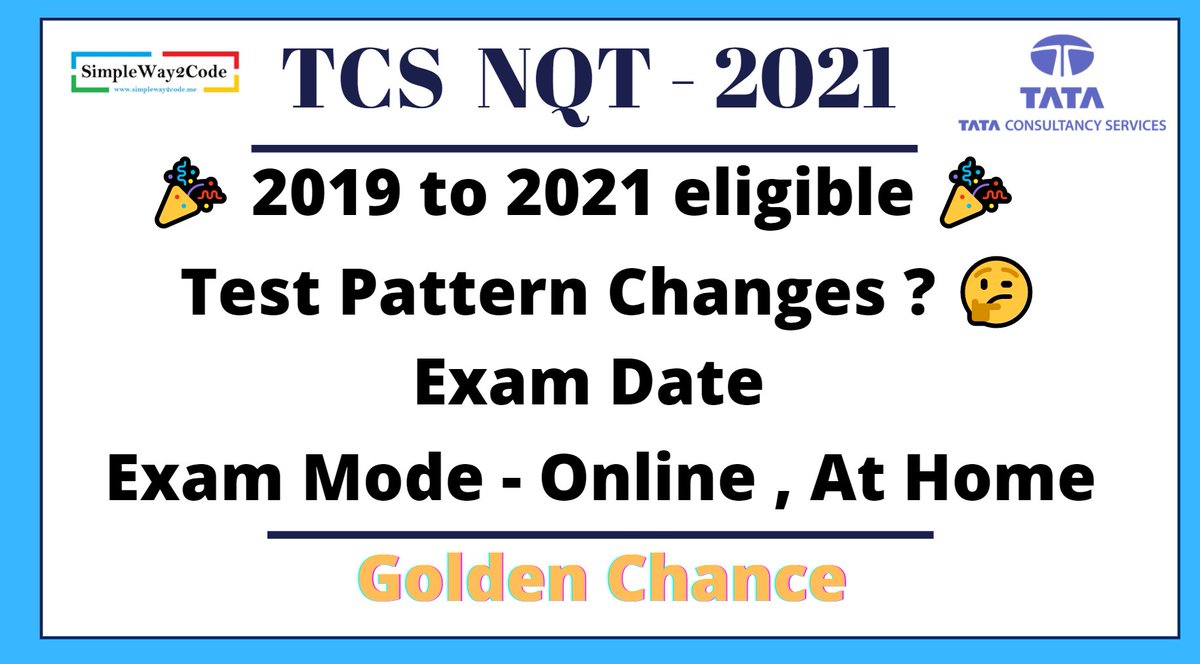 SimpleWay2Code's tweet image. Hello Final / Pre Final year Guys

Here is a Golden Opportunity to Appear in #TCS NQT 2021 &amp;amp; crack it!

I have a detailed video for you 
👇🏻👇🏻
youtu.be/CqRhEgOCB9Y

#100DaysOfCode #CodeNewbies #hiring #jobs #coding #java #pyhton #javascript #react
