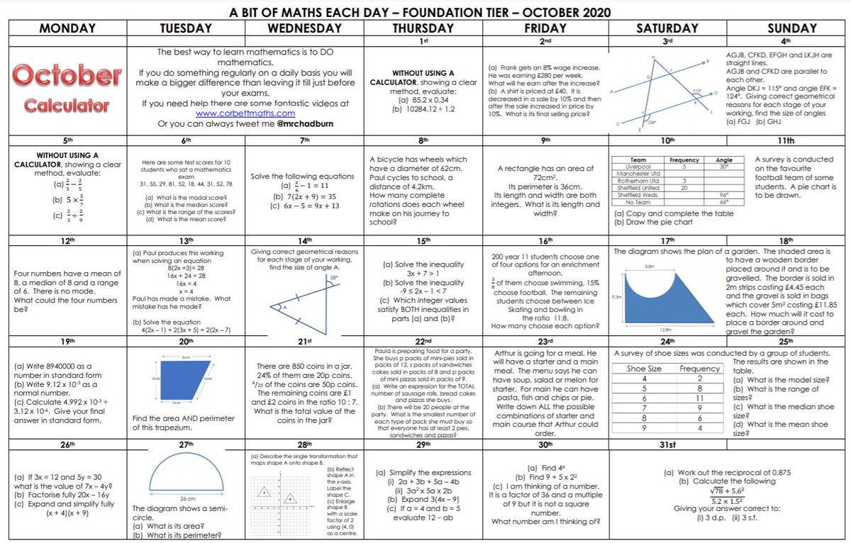 mrchadburn's tweet photo. October starts next week &amp; its time for year 11s to download this months "Little Bit of Maths Each Day" calendar for - Higher (level 6+) Foundation plus (4/5) &amp; Foundation (4 and below) levels with solutions from https://t.co/xDz75aLPOt Free to use - just help me advertise them https://t.co/bQE529pA6W