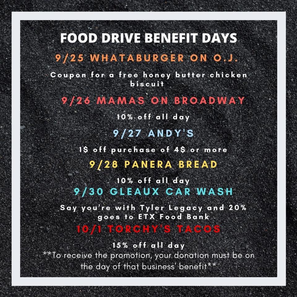 TYLER FAMILIES &amp; <a href="/TLRedRaiders/">Tyler Legacy High School</a>!!! These businesses are teaming up with Tyler Legacy this week to help raise money for the ETX Food Bank. Screenshot your donation receipt and show an employee, automatically giving you their deal...All details are below‼️ <a href="/legacy_council/">Tyler Legacy Student Council</a> <a href="/TheREDMOB/">The Red Mob</a>