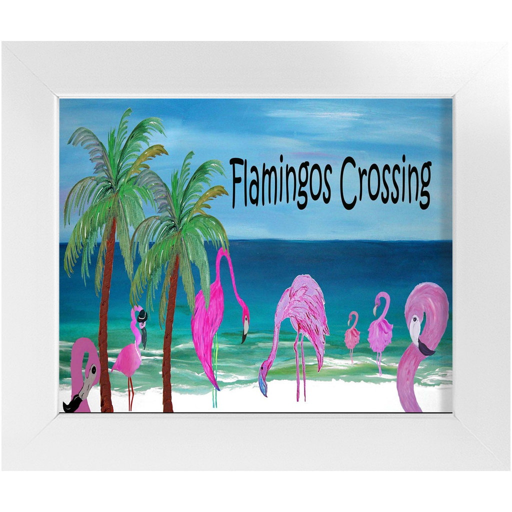 Flamingos Crossing Coastal Beach House Framed Art Print From My Painting. Economy Framed Prints etsy.me/3kSHiIo #pink #flamingoprint #wallartprint #flamingowallart #flamingocrossign #flamingopainting #beachhousedecor #flamingodecor #flamingoframedart