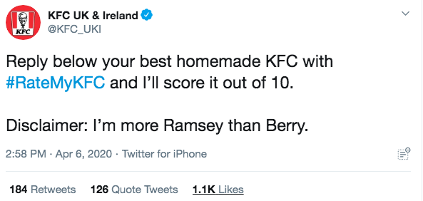 In this instance, they picked up on the trend of people trying to re-create KFC at home and blew it up, launching a cheeky  #RateMyKFC competition that create some fun. This is a great example of brand building on social.