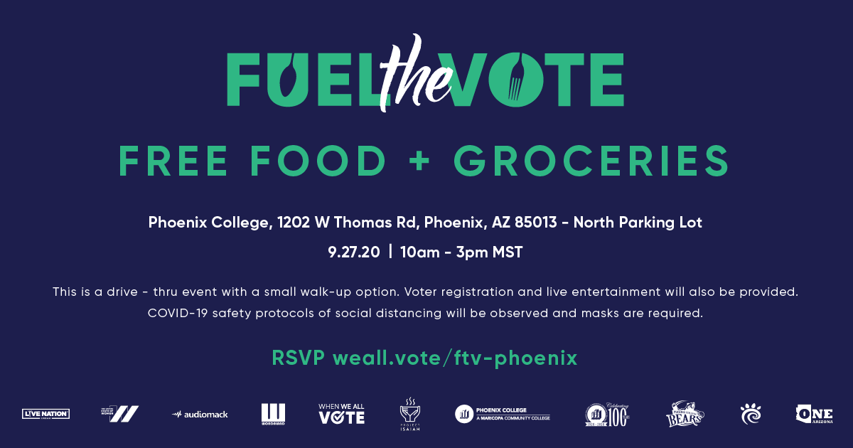 ISAIAHORG's tweet photo. TODAY! 
Join us, @WhenWeAllVote, and all of our fabulous partners to #FueltheVote in #Phoenix! Join us for a drive-thru with free meals, groceries, a live DJ, and ways to make a voting plan. Everyone is welcome! 
RSVP: https://t.co/xxNz84Xbdc https://t.co/AgnBhFNibU