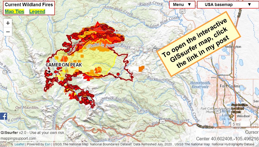 Sunday 9/27 #CameronPeakFire Colorado 122,858 acres per 11:16pm infrared flight yesterday.  Satellite hotspot data always at least ~3 hours old, locations approximate, sometimes false positive. See 2 links upper left corner  #COwx

Open #GISsurfer map: bit.ly/36bE4Mc
