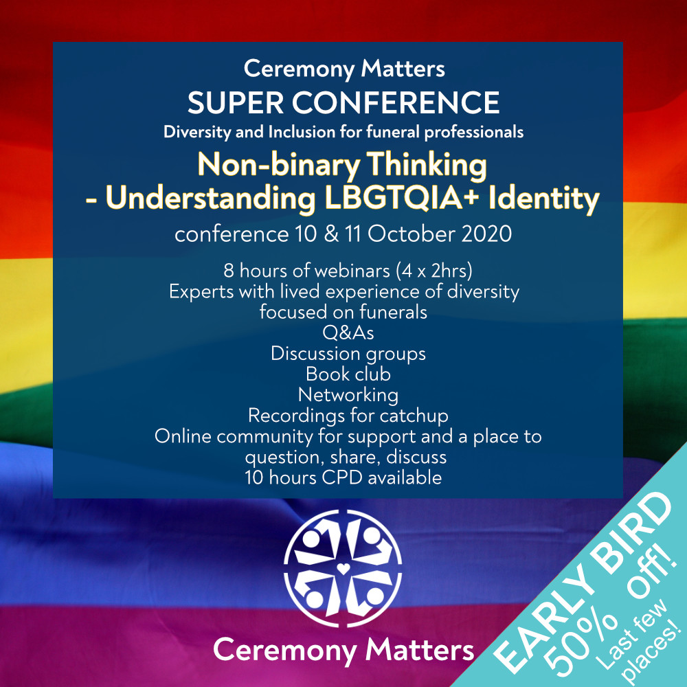 Are you sure that you know how to be inclusive of LGBTQIA+ people when leading a funeral ceremony? Do you know what 'enby' means? Are you comfortable using they/them pronouns? 
#funeraldirector #funeralcelebrant #celebranttraining #lgbt #diversity4funerals #inclusion4all