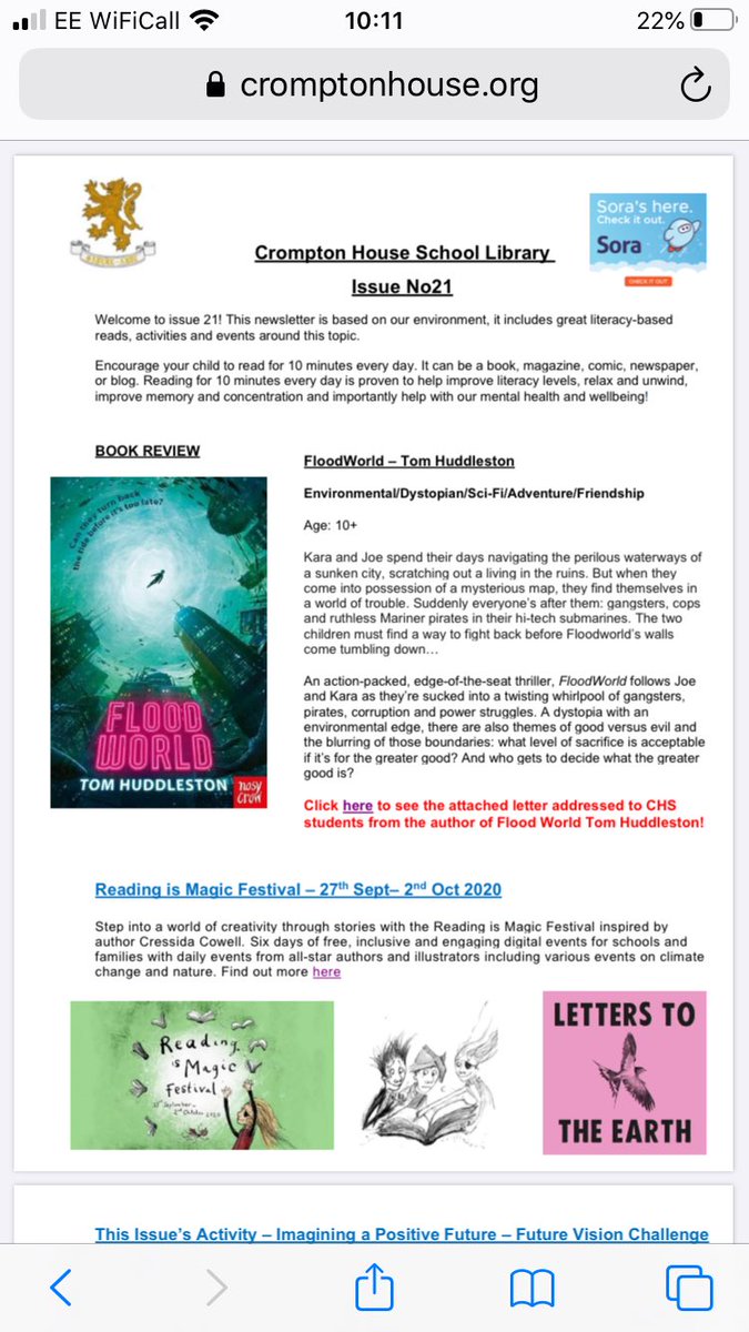 CLearningzone's tweet photo. CHS library n/l issue 21 based around our environment. Brilliant book #Floodworld @TomHuddleston_ details of #ReadingIsMagicFest @bathkidslitfest Letters to Earth and an activity around the Living Planet Report for young people @wwf_uk @CHSupdates https://t.co/zKQ7zK57Kd https://t.co/S2h2kCbfmy