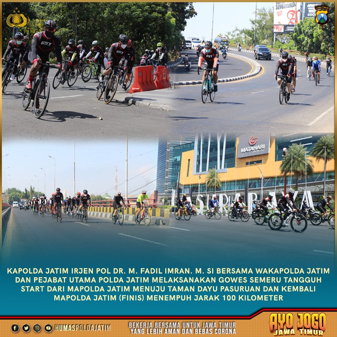 CKhusaeni's tweet photo. Kapolda Jatim Irjen Pol Dr. M.Fadil Imran. M. Si bersama Wakapolda Jatim dan Pejabat Utama Polda Jatim melaksanakan gowes Semeru Tangguh Start Dari Mapolda Jatim menuhu Taman Dayu Pasuruan dan kembali Mapolda Jatim (Finish) menempuh jarak 100km.

#GowesTangguhSemeru #polripromote https://t.co/IPVGGLhUrY