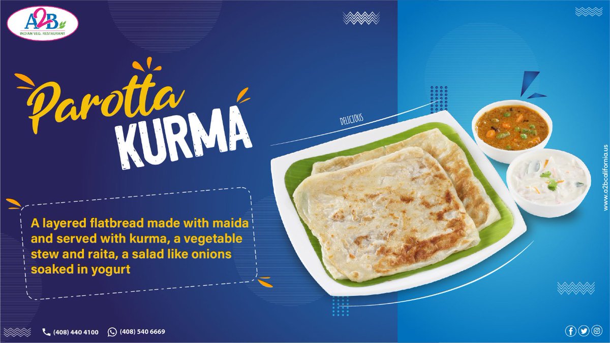 a2bcalifornia's tweet photo. Enjoy Parotta Kurma @A2b Indian veg restaurant

Check out our Menu in
 
https://t.co/EVLOqHUjwA

Visit Us : https://t.co/JLLk1wxjOb
Like us: Facebook: https://t.co/o857vgYk7S
Follow us: https://t.co/G46lSjGzgv
Follow us:  
https://t.co/ppcz0xLzTg

#AdyarAnandhaBhavan https://t.co/FqTZvzP2Yw