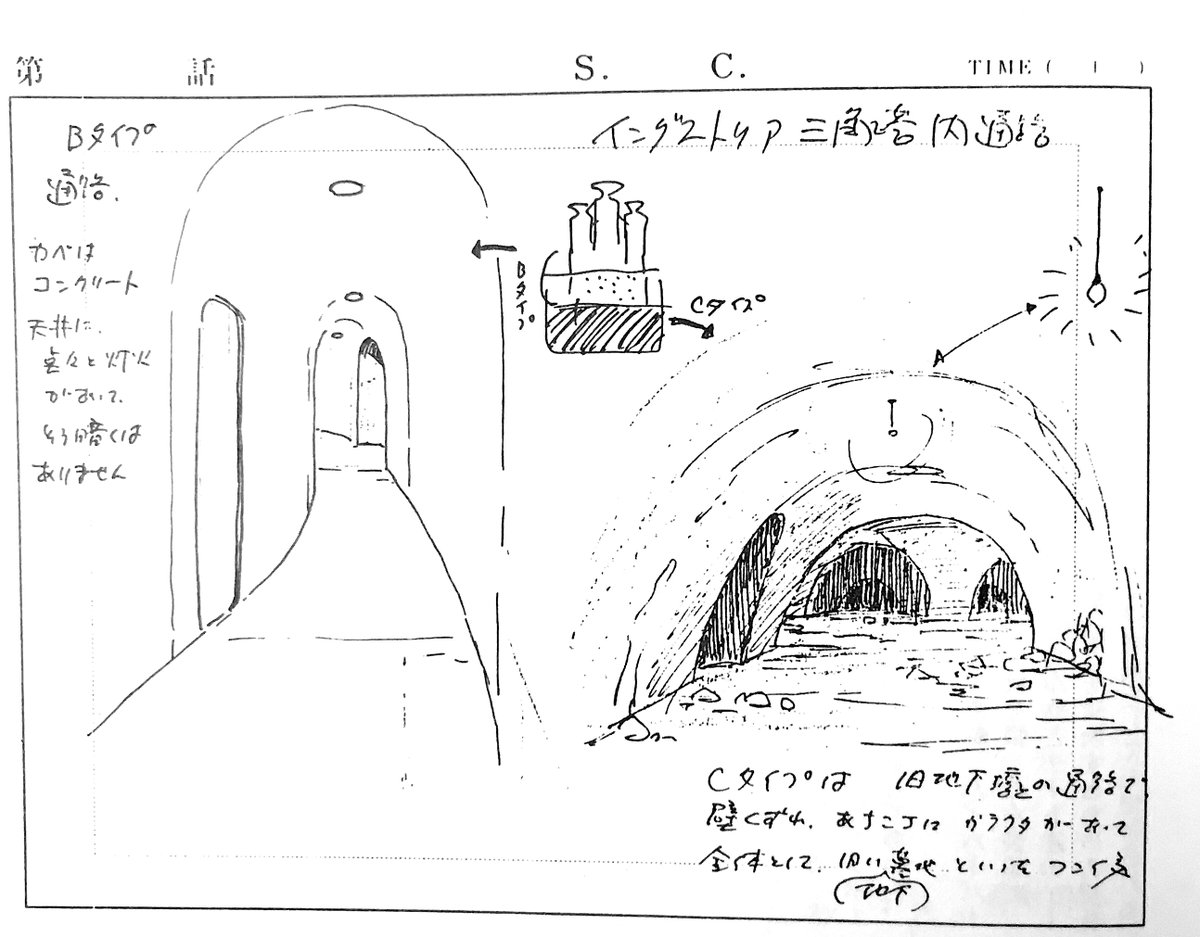 三角塔内部の通路は設定ではA・B・Cと3タイプ。
高層階に多いAタイプの天井埋込型のパネル照明は、当時としては近未来的だった筈。
中層から下層階はBタイプ。
Cタイプの地下通路はお馴染み。
他にシューターの中継地点や出口などもあります。
#未来少年コナン 