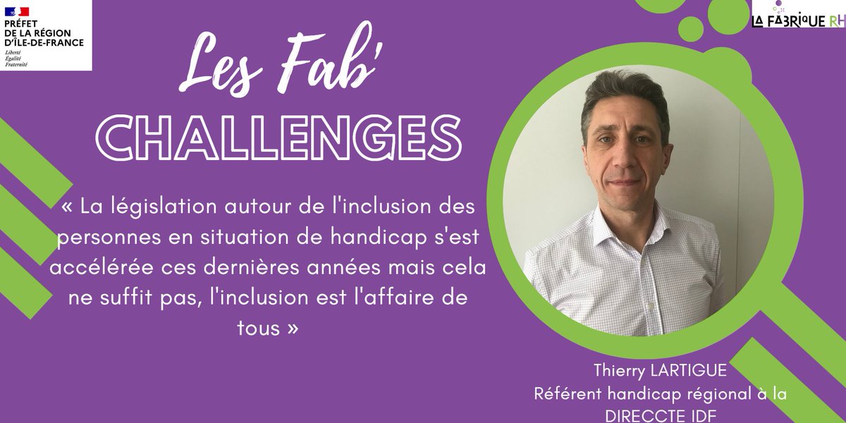 LaFabrique_RH's tweet photo. [#TemoinInspirant] Comment faciliter l'inclusion des personnes en situation de #handicap? Échangez avec Thierry Lartigue lors des #FabChallenges pour imaginer des projets de nature à relever ce défi dans l'#administration! 

📨Inscrivez-vous vite sur pref-fabriqueRH@paris.gouv.fr https://t.co/LkL5IBxkgK
