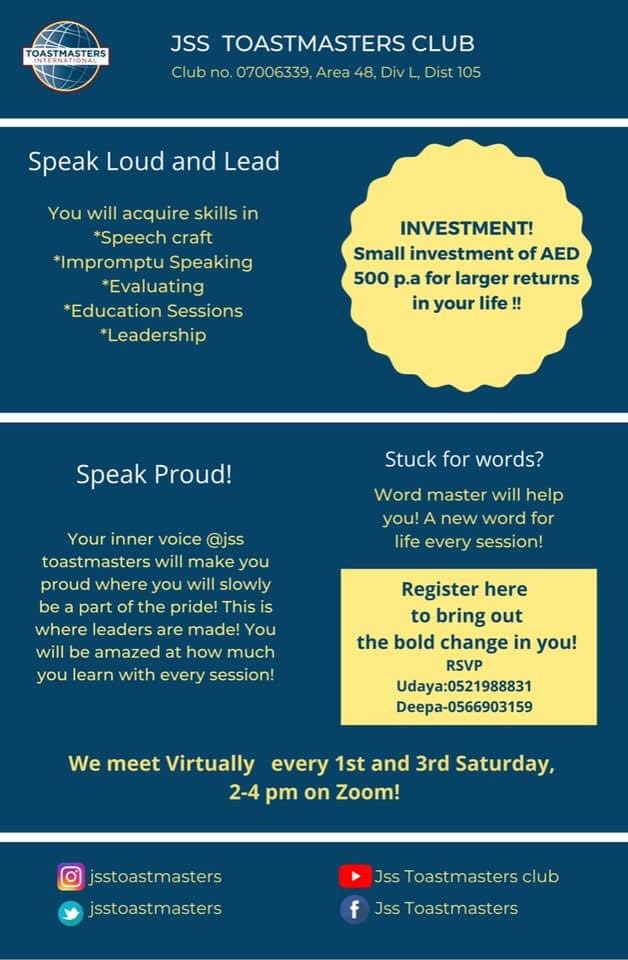 jsstoastmasters's tweet photo. If you’re wondering how JSS Toastmasters club can help you unleash your true potential and become an effective leader, look no further.
#publicspeaking #Toastmasters #jsstmc #divl #district105 https://t.co/jHoU8qGobn