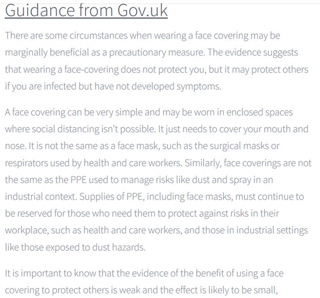 Guidance From UK Govt"It is important to know that the evidence of the benefit of using a face mask covering to protect others is weak and the effect is likely to be small" 22/ https://surreyppe.co.uk/6-1-face-coverings-gov-advice-from-gov-uk/