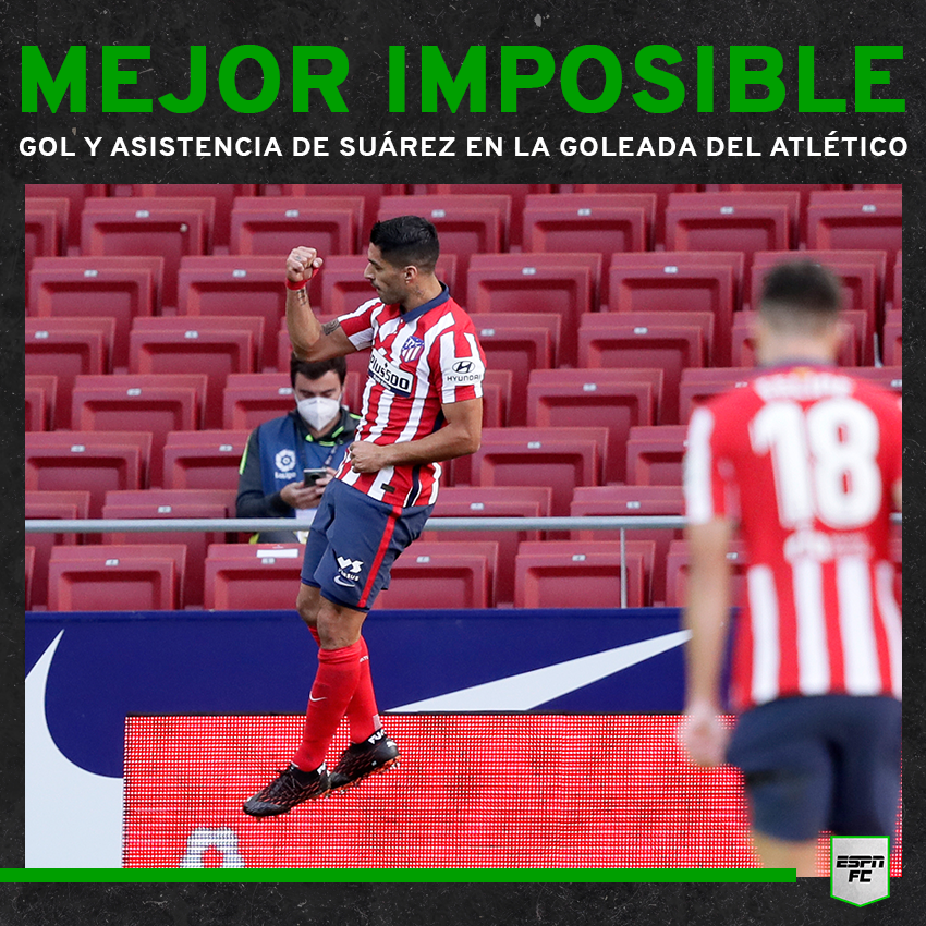 ESPNFutbolClub's tweet photo. ¡QUÉ LOCURA DEL URUGUAYO! #LuisSuárez🇺🇾 solo necesitó 20 minutos en cancha para meter doblete⚽⚽ y dar una asistencia en la goleada 6-1 del #AtléticoDeMadrid⚪🔴 ante #Granada en #LaLigaxESPN🇪🇸. https://t.co/qa9uFp8vJE