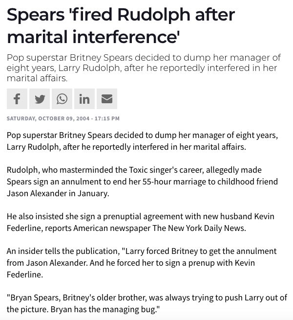 Britney fired Larry as her manger in 2004 because he was getting involved in her marriage with Kevin Federline. Maybe it was jealousy, but Larry never liked K-Fed and so he was out of the picture for the next few years.  #FreeBritney