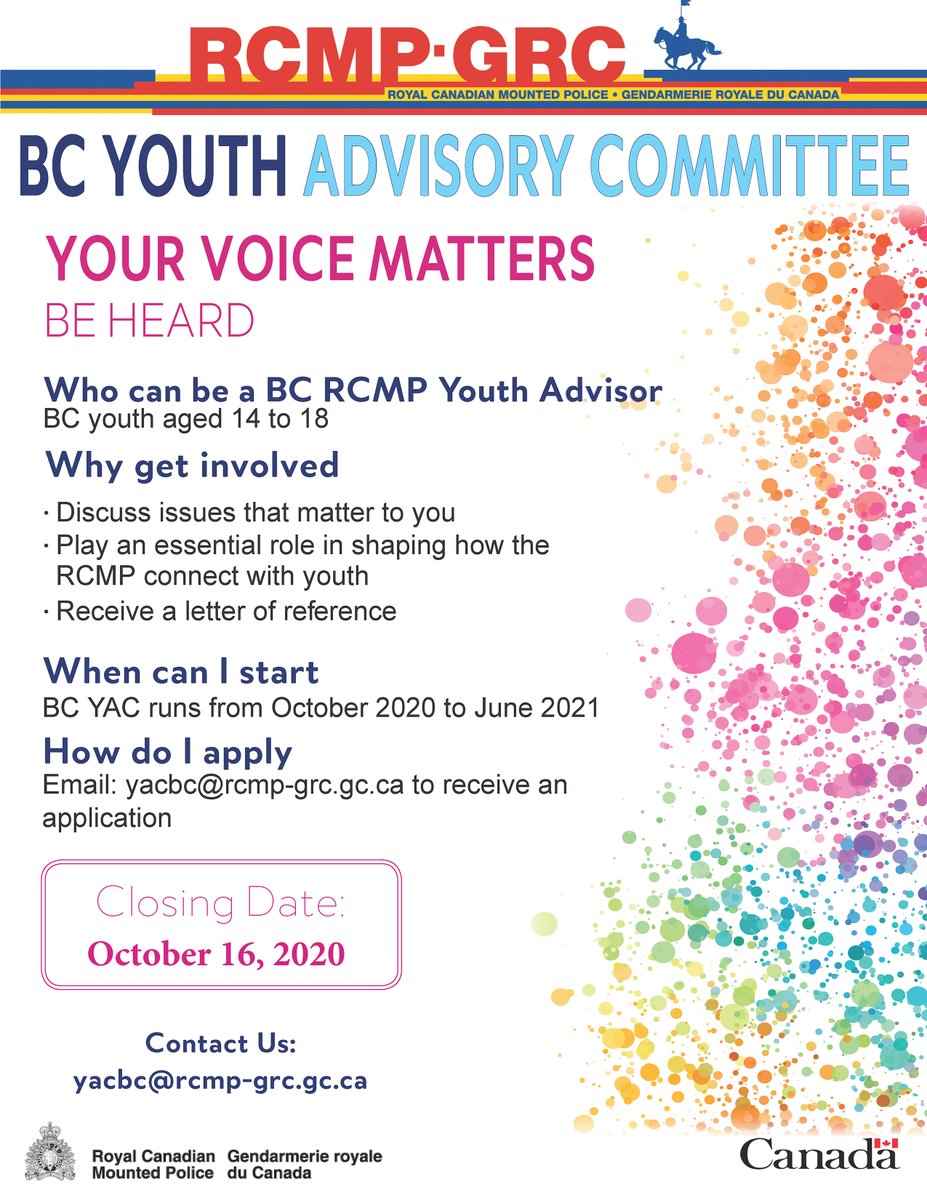 LangleySchools's tweet photo. Students, your voice is needed! Get involved in your community by joining the RCMP BC Youth Advisory Committee. Registration is open until October 16.
#MySD35Community https://t.co/Op0KOM9QFi