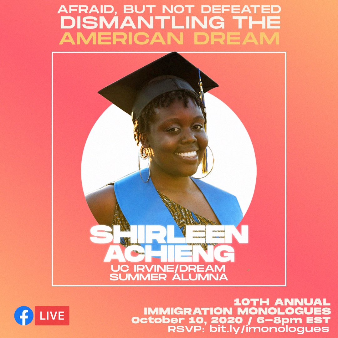 🗣 Have you RSVP’d for Immigration Monologues? Register today at bit.ly/imonologues (case sensitive)✨Today, we’re so excited to introduce one of our 7 speakers: Shirleen Achieng is a UC Irvine alumni who identifies as a Black undocumented immigrant without DACA status. 1/3