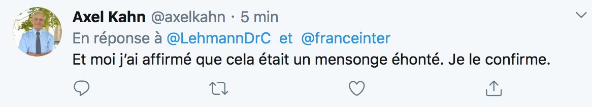 Pour information, suite au tweet reprenant le témoignage du Pr Alexandre Mignon qui affirme sur  @franceinter l'avoir alerté,  @axelkahn a répondu ceci ( effacé depuis):