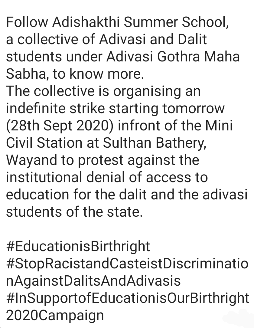 Indefinite strike starting tomorrow outside Mini Civil Station, Wayanad to protest the institutional denial of access to education to dalit and adivasi students in Kerala #educationisbirthright
#StopRacistandCasteistDiscriminationAgainstDalitsAndAdivasis