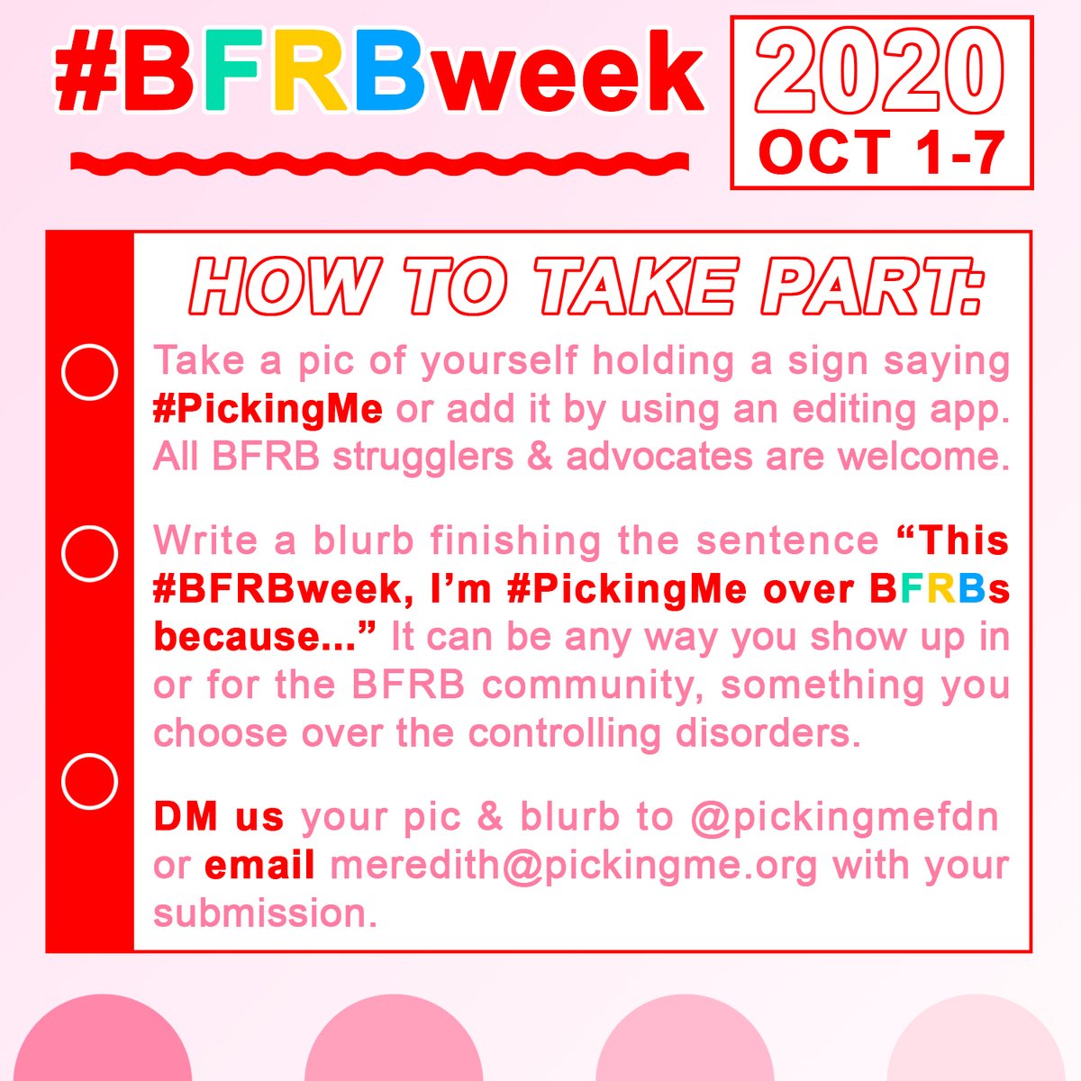PickingMeFdn's tweet photo. 🎈 #BFRBweek is almost here! 🎈
We're so excited to share the amazing #BFRB pledges you've submitted in honor of #BodyFocusedRepetitiveBehavior awareness 💝 &amp; if you haven't submitted yet, there's still time! We'll be accepting pledges thru Sep 30. 😘 #BFRBweek2020 https://t.co/nwL0uva8w8
