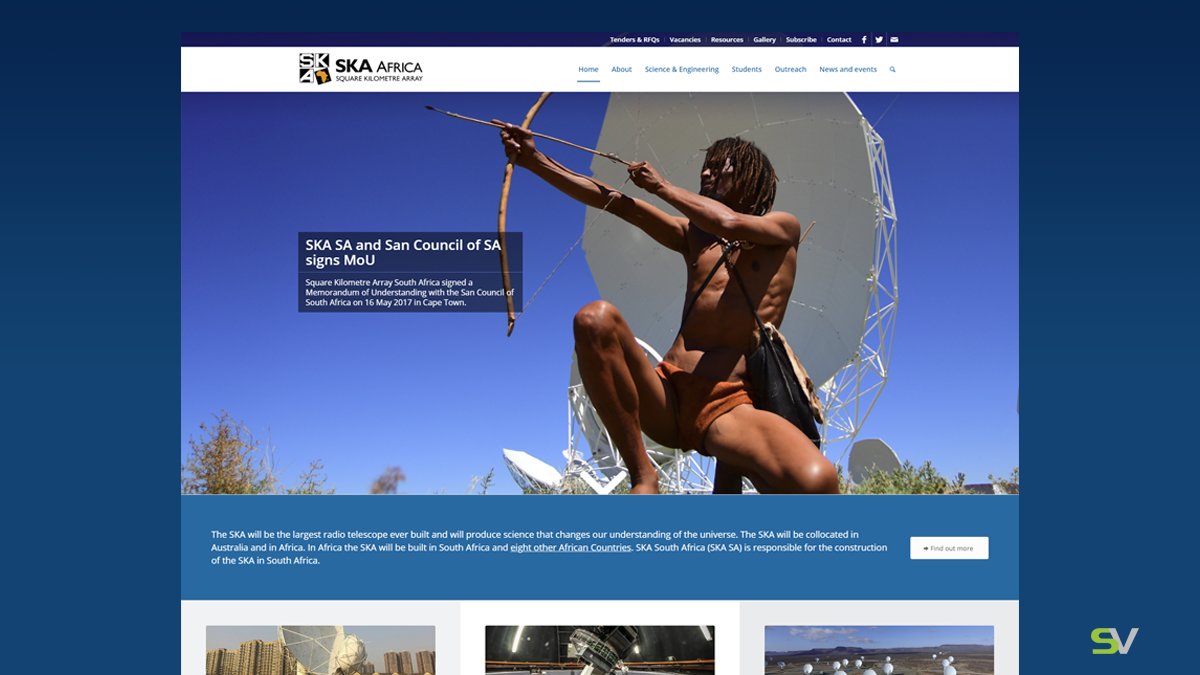 studiovene's tweet photo. A website proudly designed by @studiovene in 2016 for the Square Kilometre Array (SKA), an international effort to build the world’s largest radio telescope. The SKA now forms part part of the South African Radio Astronomy Observatory (SARAO). #Webdesign #webdev #WebDeveloper https://t.co/W4zglqfDKA