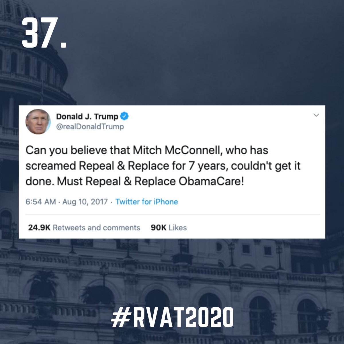 37. Despite having promised to do so 5 times during his presidency, Trump has yet to introduce a new plan. Nor did new health care legislation get passed at the beginning of Trump’s term when Republicans controlled both chambers of Congress.