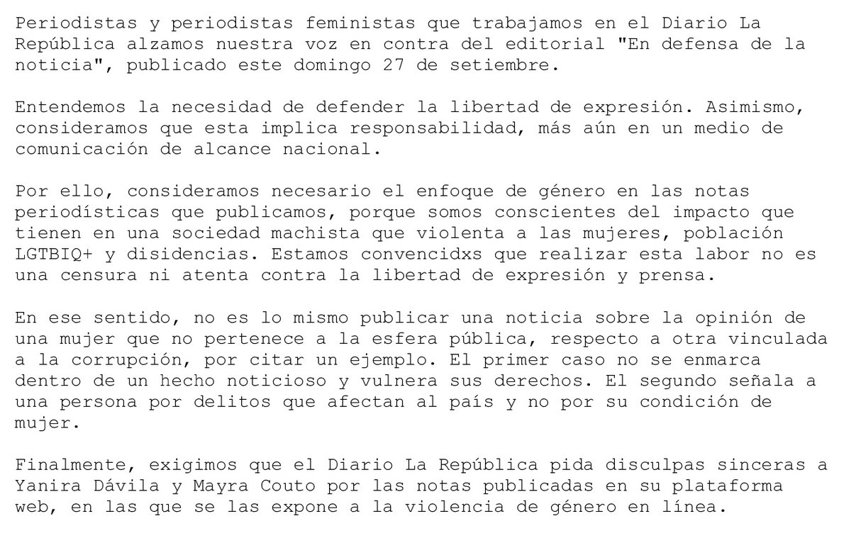 Los periodistas de La República web hemos decidido pronunciarnos en conjunto. NO ESTAMOS DE ACUERDO con el editorial que se publicó hoy. Se necesita un cambio real, no solo "disculpas". El enfoque de género NO ES CENSURA.
#PeriodismoConEnfoqueDeGénero #NoEsUnaModa https://t.co/hvmswOJth5