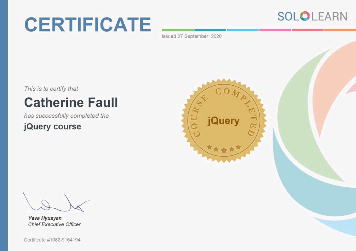 catherinefaull's tweet photo. That's a wrap! #JQuery #certificate #soloLearn https://t.co/deUWQnQRvi