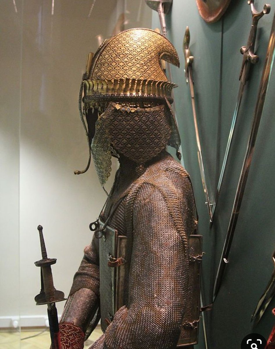 An early 18th century Maratha helmet and armour from the Hermitage Museum, St. Petersburg, Russia.