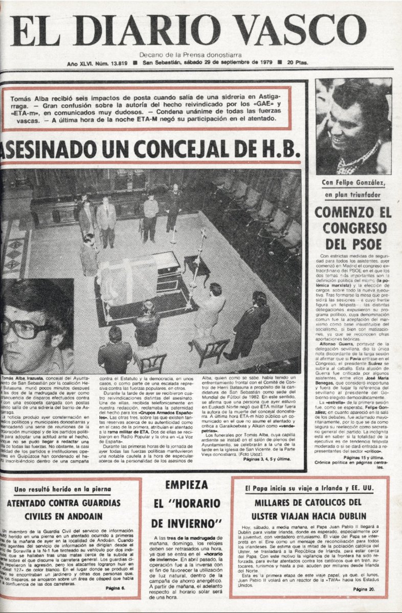 MemorialVT's tweet photo. Recordamos al concejal de Herri Batasuna en @Ayto_SS TOMÁS ALBA IRAZUSTA asesinado por pistoleros del Batallón Vasco Español (BVE) en Astigarraga, 28 septiembre 1980. Le dispararon a la salida de una sidrería, cuando se acababa de despedir de dos personas y se dirigía a su coche. https://t.co/w5UdNdErrH