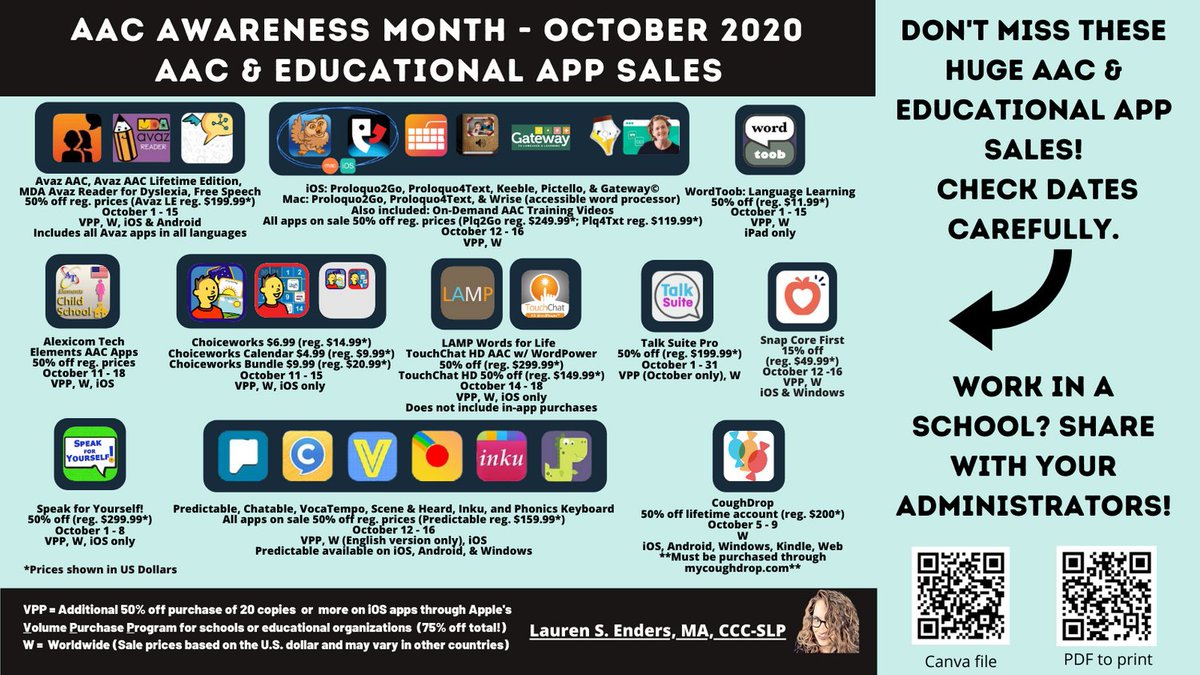 OCTOBER 2020 AAC AWARENESS MONTH APP SALES
bit.ly/appsalegraphic… (See QR codes for downloadable PDF)
Click on the icon images to be linked to the app store/website to purchase the app! #AACAwareness #AAC #augcomm #specialeducation #ATChat #slpeeps #autism
