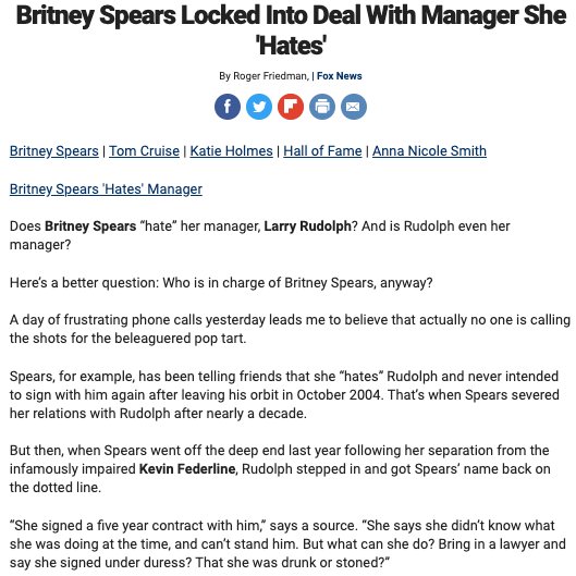 Around this time, Larry got Britney to sign onto a 5-year contract as her manager. "She says she didn't know what she was doing at the time, and can't stand him. But what can she do?"  #FreeBritney