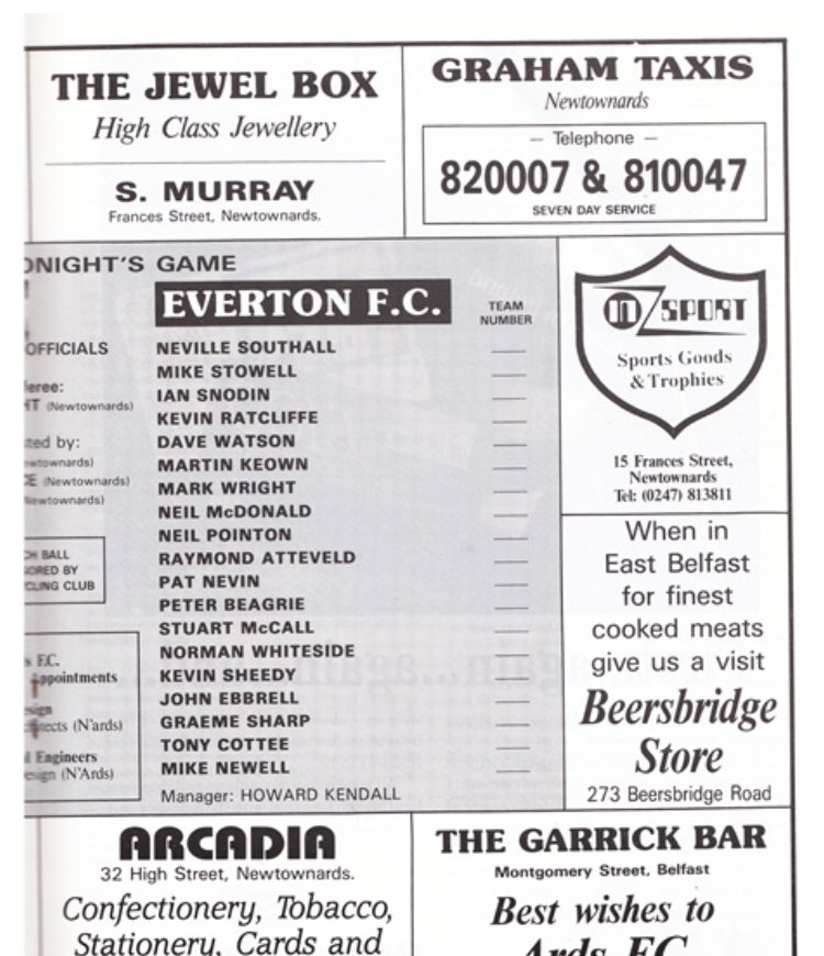 #99 Ards 2-5 EFC - Jan 15, 1991. Howard Kendall returned to EFC as boss in Nov 1990. The 1st friendly of the ‘Kendall 2’ era saw EFC go to Northern Ireland to face Ards in a match to mark the opening of their new stand. EFC won 5-2 with 3 goals from Cottee & 2 goals from Beagrie.