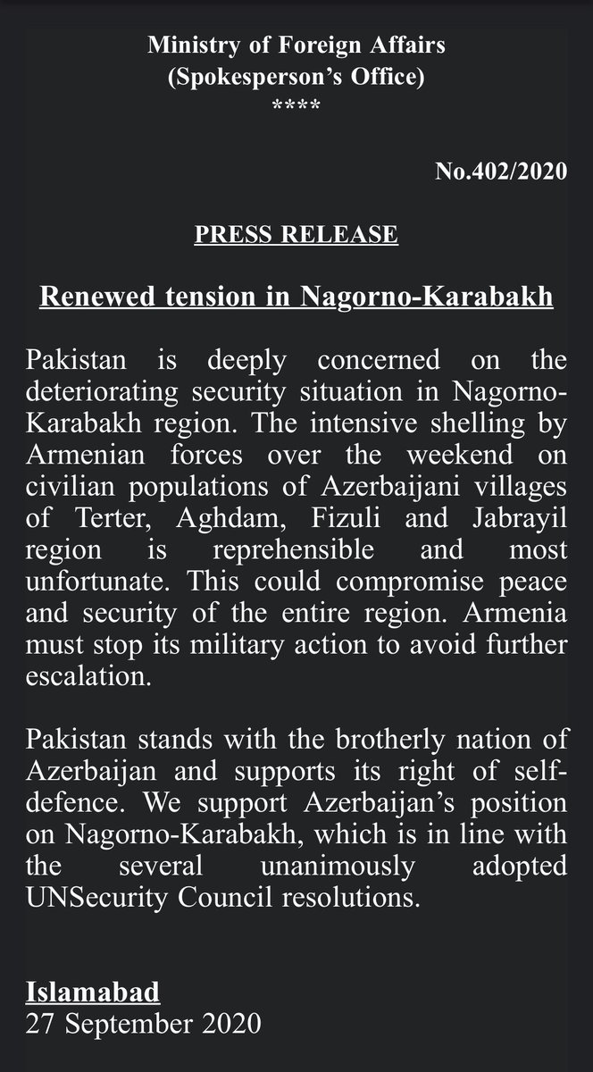 Fj Pakistan Released Statement In Support Of Azerbaijan Apart From Pakistan Azerbaijan Is Also Supported By Turkey And Israel T Co Ontqx28frc