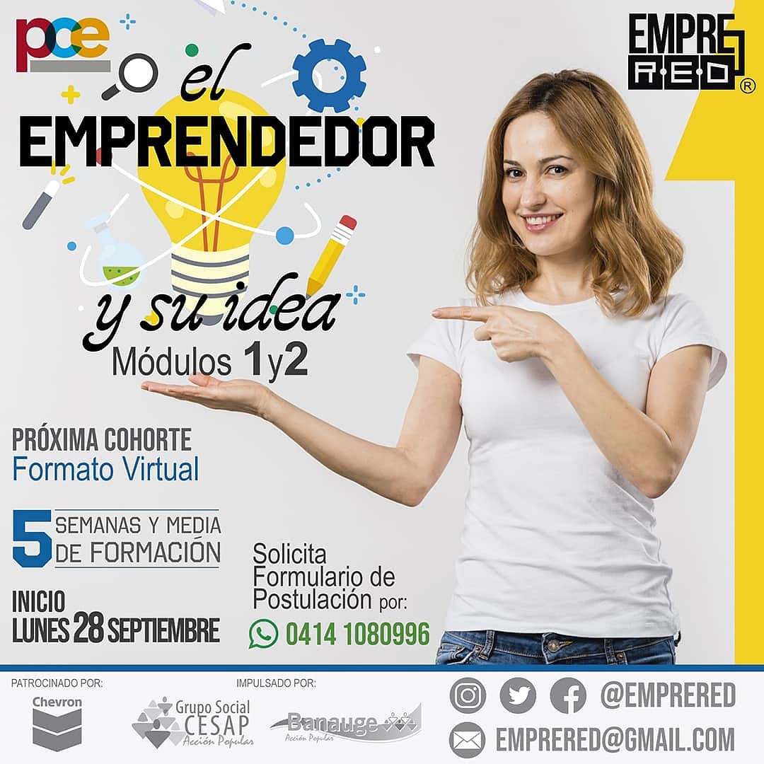 Emprered's tweet photo. 🛑 ATENCIÓN: Últimas horas para que te inscribas. Únete a la nueva cohorte del Programa de Competencias para Emprender #PCE del 28/09, ahora en modalidad virtual. Invitan: A.C Banauge, Grupo Social CESAP y patrocinado por CHEVRON. Info 04141080996.
.
#emprered #venezuela https://t.co/NnUTHhDWXN