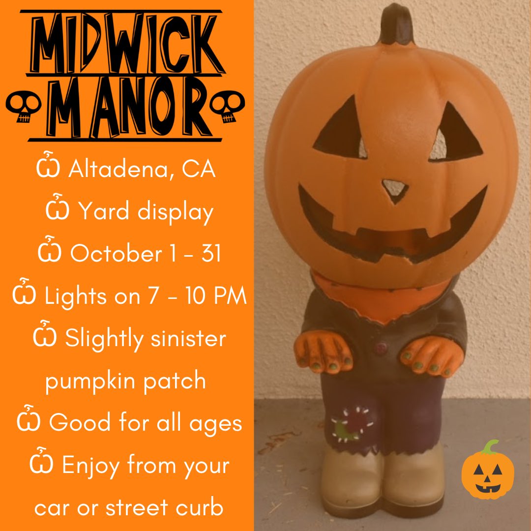 Know before you go! Midwick Manor is a Halloween yard display with a pumpkin patch theme. There’s no scares but lots of spooky lights and PUMPKINS! 
#altadena #pasadena #losangeles #southpasadena #lacanda #arcadia #sanmarino #halloween #halloweenhouse #halloweendecorations