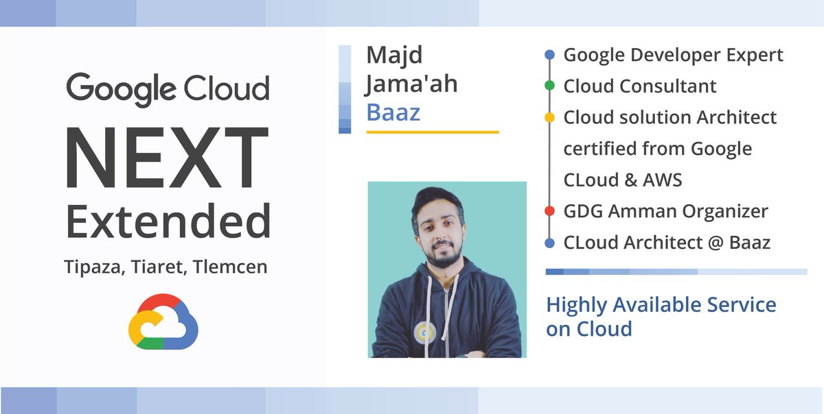 🔔Session 03 by our guest Mr. <a href="/MajdJamaah/">Majd Jamaah 🇵🇸</a>  who will talk about "Highly Available service on cloud   " 
About Mr.Majd Jamaah :  
🔸Cloud Solutions Architect &amp; DevOps Engineer at Baaz
🔸Google Cloud expert <a href="/GoogleDevExpert/">@GoogleDevExpert</a>
🔸Cloud Consultant &amp; Organizer <a href="/GDG_Amman/">Google Developer Groups Amman</a>
#GoogleCloudNext