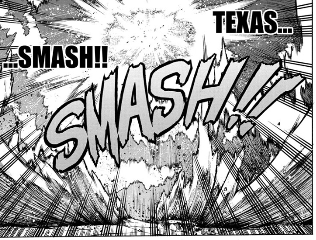 St Louis Smash is a roundhouse kick (shown by the impact and motion lines here, since Deku's moving so fast) and Texas Smash is a shockwave-causing straight punch, hence the wide shot we get of it