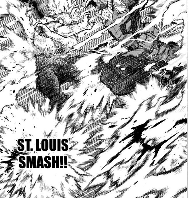 St Louis Smash is a roundhouse kick (shown by the impact and motion lines here, since Deku's moving so fast) and Texas Smash is a shockwave-causing straight punch, hence the wide shot we get of it