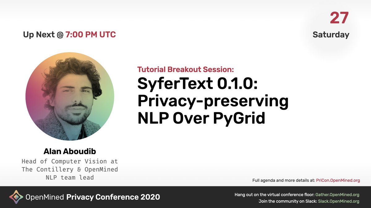 alan_aboudib's tweet photo. My live Webinar demo starts in 20 minutes!!
Advances in privacy-preserving NLP with SyferText 0.1.0
#PriCon2020 by @openminedorg
Watch me live here:
https://t.co/T5Tn8tVohV https://t.co/ySS5H4wCXC