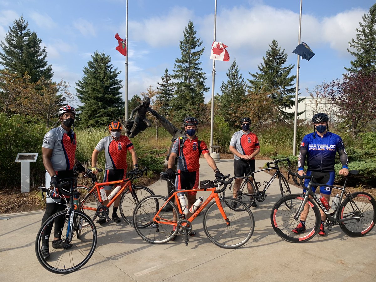 WaterlooCycTeam's tweet photo. Our team was able to complete a small ride this morning with a stop at our fallen officers memorial. Was also able to complete 884km, one km for every fallen officer. @CanadianR2R @CPPOM https://t.co/iAjzzQhlrS