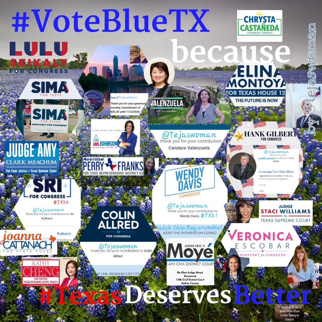 Homemade #VoteBlueTX graphic of various Democratic candidates I have donated to and ask others to support and vote for. ( please pardon my not identifying them all, but my SwiftKey didn't copy the text from my old phone. If you're interested, message me and I will gladly tell you the whole list. For the moment I will note that I added Judge Amy Clark Meachum for Texas Supreme Court, Joanna Cattanach HD108, Kathy Cheng for justice, re-elect Eric Moyé for 4th civil district court, and Chrysta Castañeda for Texas Railroad Commissioner (which in Texas is really the energy commissioner for historic reasons).