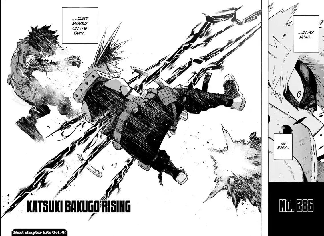 AliceLaiho's tweet image. My Hero Academia chapter 285:
This chapter omg. 😭😭😭 
Bakugou went from only caring about fighting villains and winning, and failing the hero license exam for not wanting to help the civilians... to his body moving on its own to save.. Deku. 😭😭😭❤️
I love my boy 😭🥺❤️❤️❤️