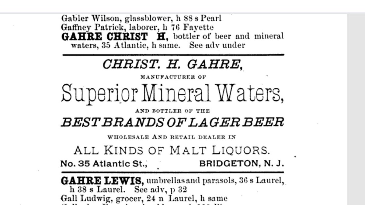 So where in Bridgeton was Gahre’s umbrella shop? An 1881-2 county directory (Google Books) lists it, just below an ad for the bottling business. Gahre did his practical making of umbrellas and parasols on S. Laurel. If I read it right, the shop was at 36, his home at 38.