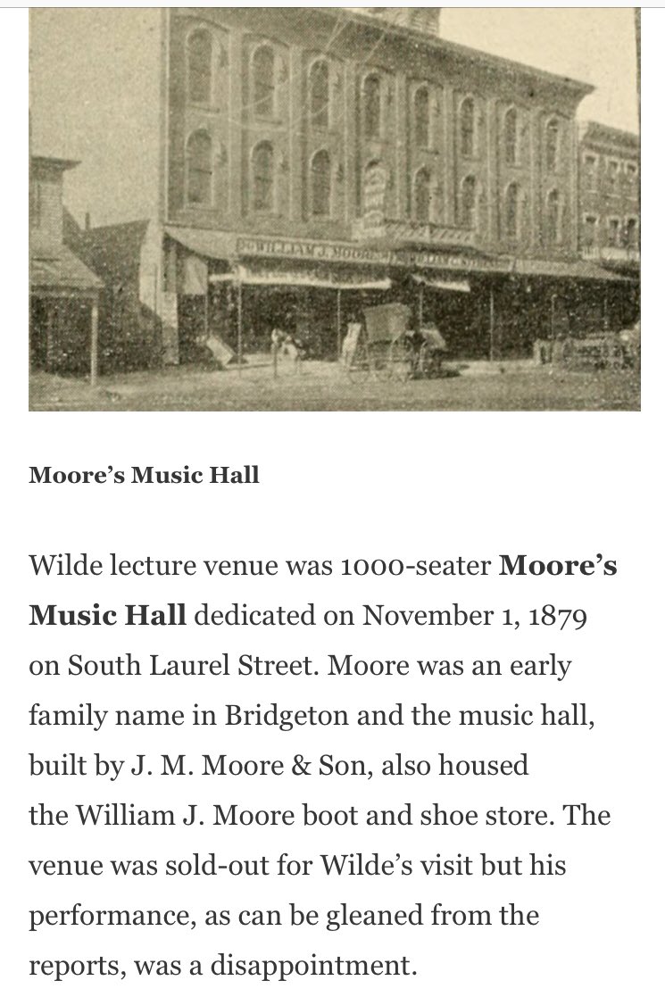 Wilde didn’t go over well, apparently. Cooper’s details are fun reading. But what caught my eye in the post was this exterior shot of Wilde’s Bridgeton lecture venue: Moore’s Music Hall. On South Laurel Street, you say?What’s that on the far left?  http://oscarwildeinamerica.blog/2019/09/03/bridgeton-nj/