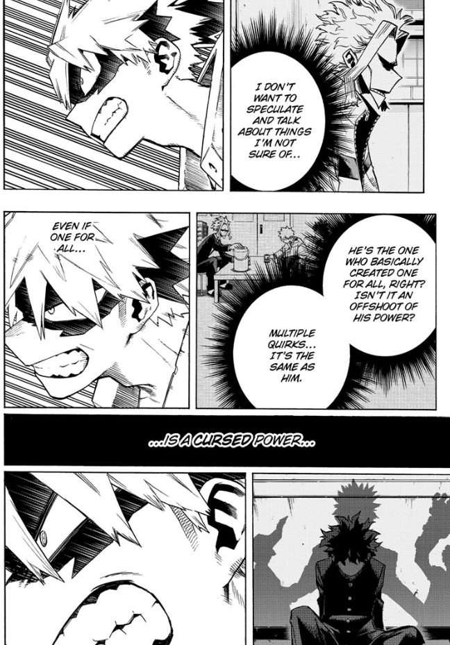 These 7 panels are really interesting to me. I'm not sure if it's indicating that the 3 on the right are linked, or if they're 3 different motivations for Bakugo's actions here. I'm inclined to say it's the latter, with each pushing Bakugo more and more