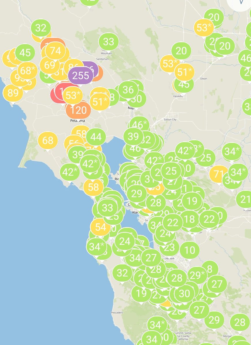 MaskOakland's tweet image. Bay Area AQI overall remains excellent, but see on the AQI map a new pollution source east of Santa Rosa. That's the #GlassFire, at 1,200 acres and being heavily fought with planes and copters right now. Plus side: Only one instead of dozens of #LightningComplexFires.