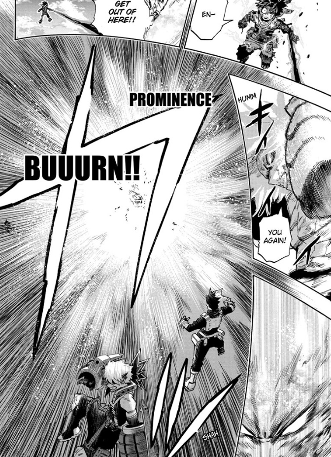 The way Prominence Burn blows out the panels to the periphery, leaving them curved, is a great emphasis of its power. We can also see Deku just off to the side, obscured by the heat a little